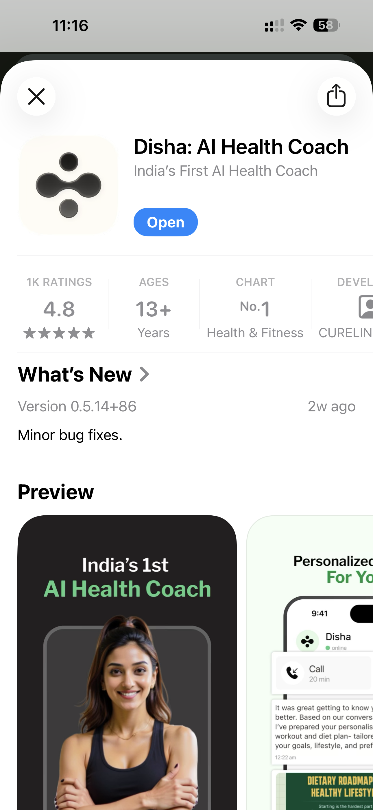 Disha #1 Trending on App Store — Health and Fitness category in India